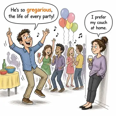gregarious (sosyal, arkadaş canlısı; sürü halinde yaşayan) karikatürü — diyalogla bağlam içinde öğren