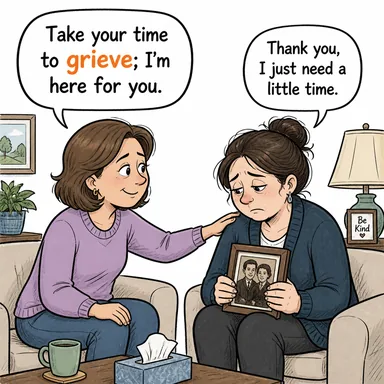 grieve (yas tutmak, acı çekmek) karikatürü — diyalogla bağlam içinde öğren