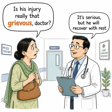 grievous (ağır, vahim, acı veren) karikatürü — diyalogla bağlam içinde öğren