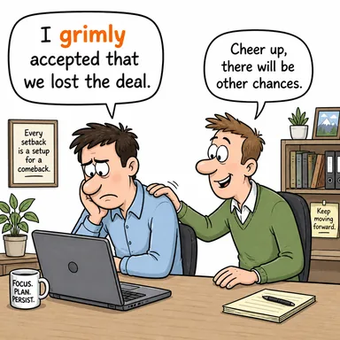 grimly (karamsar bir şekilde, acımasızca, somurtkan bir halde) karikatürü — diyalogla bağlam içinde öğren