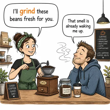 grind (öğütmek, ufalatmak, (diş) gıcırdatmak) karikatürü — diyalogla bağlam içinde öğren