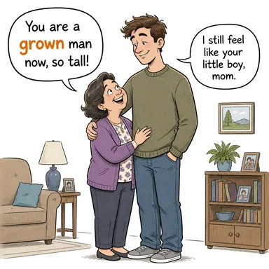 grown (yetişkin, büyümüş) karikatürü — diyalogla bağlam içinde öğren