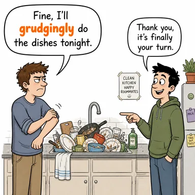 grudgingly (isteksizce, gönülsüzce, kerhen) karikatürü — diyalogla bağlam içinde öğren