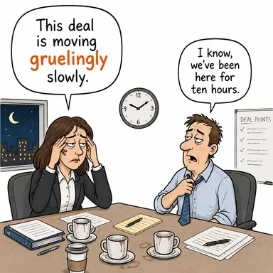 gruelingly (yorucu bir şekilde, canına tak ettirircesine) karikatürü — diyalogla bağlam içinde öğren