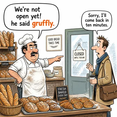 gruffly (huysuzca, tersleyerek, kabaca) karikatürü — diyalogla bağlam içinde öğren