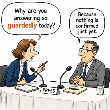 guardedly (temkinli bir şekilde, ihtiyatla) karikatürü — diyalogla bağlam içinde öğren