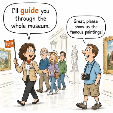 guide (yol göstermek, rehberlik etmek) karikatürü — diyalogla bağlam içinde öğren