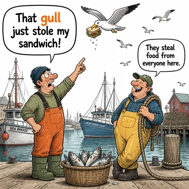 gull (martı) karikatürü — diyalogla bağlam içinde öğren