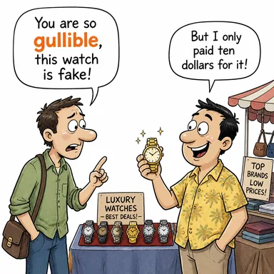 gullible (saf, kolay kandırılabilir) karikatürü — diyalogla bağlam içinde öğren