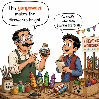 gunpowder (barut) karikatürü — diyalogla bağlam içinde öğren
