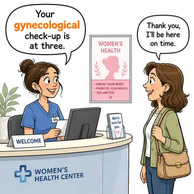 gynecological (jinekolojik, kadın hastalıkları ile ilgili) karikatürü — diyalogla bağlam içinde öğren
