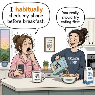habitually (alışkanlık olarak, sürekli, adet olduğu üzere) karikatürü — diyalogla bağlam içinde öğren