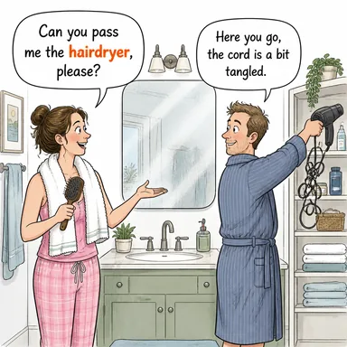 hairdryer (saç kurutma makinesi) karikatürü — diyalogla bağlam içinde öğren