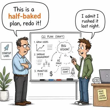 half-baked (iyi düşünülmemiş, ham, yarı pişmiş (plan)) karikatürü — diyalogla bağlam içinde öğren