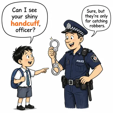 handcuff (kelepçe, kelepçelemek) karikatürü — diyalogla bağlam içinde öğren