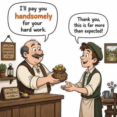 handsomely (cömertçe, bol bol, yakışıklı bir şekilde) karikatürü — diyalogla bağlam içinde öğren