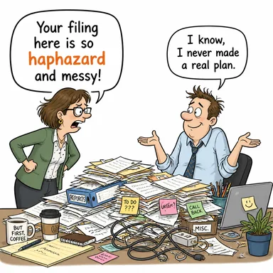 haphazard (gelişigüzel, rastgele, plansız) karikatürü — diyalogla bağlam içinde öğren