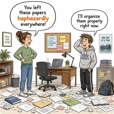 haphazardly (gelişigüzel bir şekilde, rastgele) karikatürü — diyalogla bağlam içinde öğren