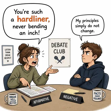 hardliner (muhafazakar, katı tutumlu kimse) karikatürü — diyalogla bağlam içinde öğren