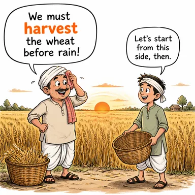 harvest (hasat etmek, biçmek, toplamak) karikatürü — diyalogla bağlam içinde öğren