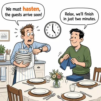 hasten (hızlandırmak, acele etmek) karikatürü — diyalogla bağlam içinde öğren