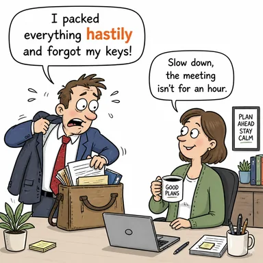 hastily (aceleyle, alelacele, düşünmeden) karikatürü — diyalogla bağlam içinde öğren