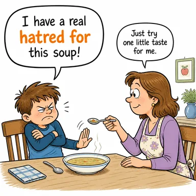 hatred for (nefret, kin) karikatürü — diyalogla bağlam içinde öğren