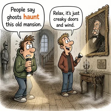 haunt (dadamak, aklından çıkmamak, (hayalet) musallat olmak) karikatürü — diyalogla bağlam içinde öğren