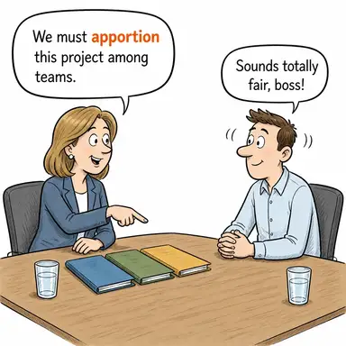 apportion (paylaştırmak, bölüştürmek, tahsis etmek) karikatürü — diyalogla bağlam içinde öğren