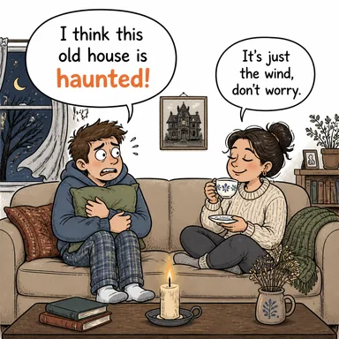 haunted (perili, lanetli, (yüz ifadesi) tedirgin/korkmuş) karikatürü — diyalogla bağlam içinde öğren