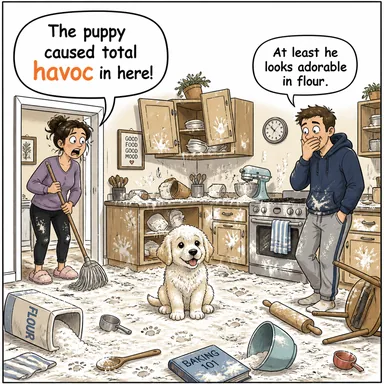 havoc (yıkım, kargaşa, hasar) karikatürü — diyalogla bağlam içinde öğren