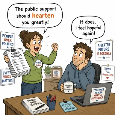 hearten (cesaretlendirmek, yüreklendirmek) karikatürü — diyalogla bağlam içinde öğren