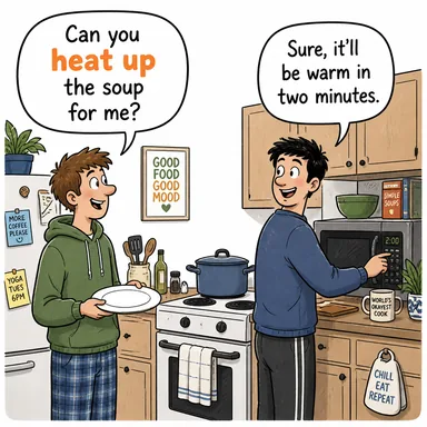 heat up (ısıtmak, kızışmak (tartışma), alevlenmek) karikatürü — diyalogla bağlam içinde öğren