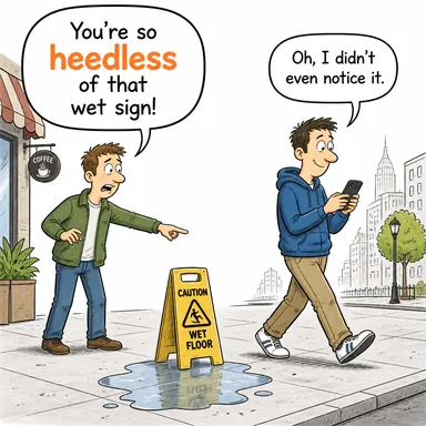 heedless (dikkatsiz, umursamaz) karikatürü — diyalogla bağlam içinde öğren