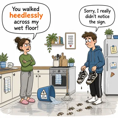 heedlessly (düşüncesizce, umursamazca) karikatürü — diyalogla bağlam içinde öğren