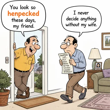 henpecked (kılıbık, eşinin baskısı altında olan) karikatürü — diyalogla bağlam içinde öğren