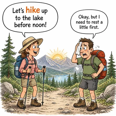 hike (1. doğa yürüyüşü yapmak 2. (fiyat/oran) artırmak/artış) karikatürü — diyalogla bağlam içinde öğren