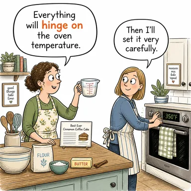 hinge on (bir şeye bağlı olmak, dayanmak) karikatürü — diyalogla bağlam içinde öğren
