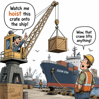 hoist (yukarı kaldırmak (bayrak/yük), vinçle çekmek) karikatürü — diyalogla bağlam içinde öğren
