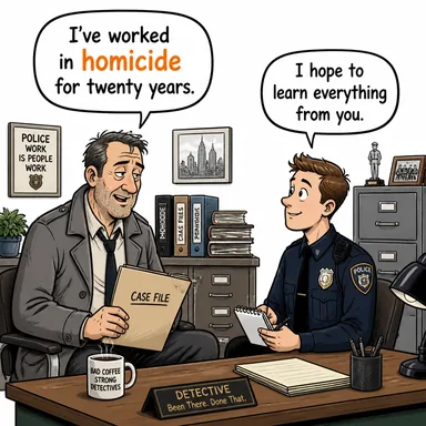 homicide (cinayet, adam öldürme) karikatürü — diyalogla bağlam içinde öğren