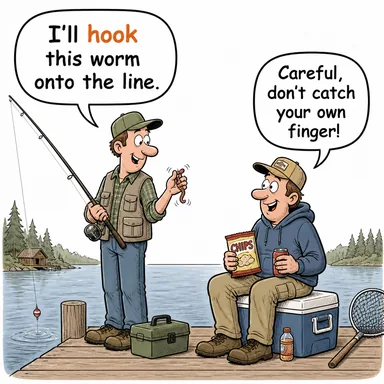 hook (çengel atmak, takmak; kancalamak) karikatürü — diyalogla bağlam içinde öğren