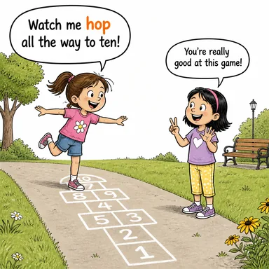 hop (tek ayak üstünde zıplamak, sekmek) karikatürü — diyalogla bağlam içinde öğren