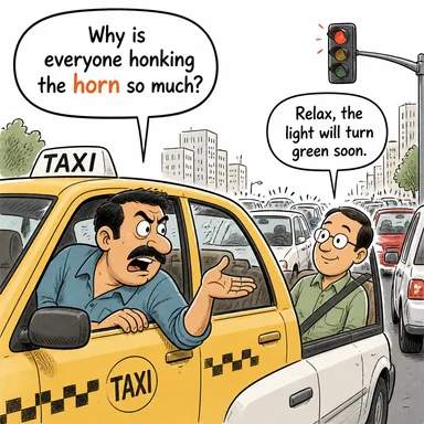 horn (boynuz; korna) karikatürü — diyalogla bağlam içinde öğren