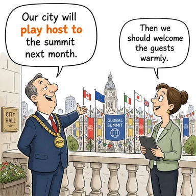 play host to (ev sahipliği yapmak, ağırlamak) karikatürü — diyalogla bağlam içinde öğren