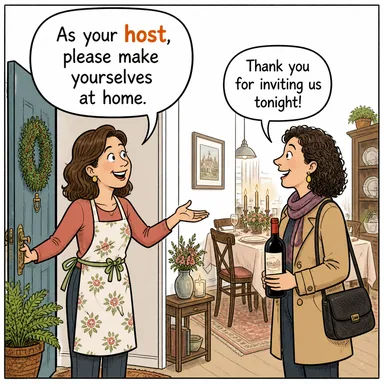 host (ev sahibi, sunucu) karikatürü — diyalogla bağlam içinde öğren