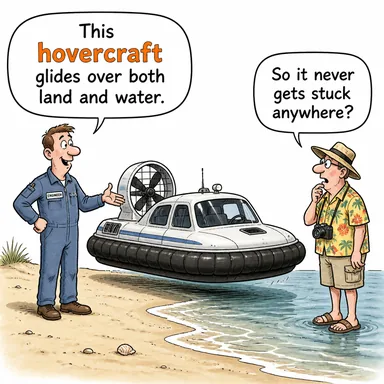 hovercraft (hava yastıklı tekne (hem karada hem suda giden)) karikatürü — diyalogla bağlam içinde öğren