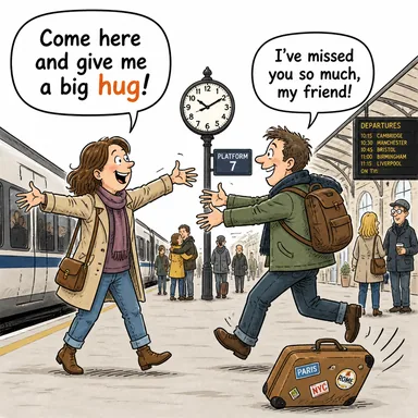 hug (kucaklamak, sarılmak) karikatürü — diyalogla bağlam içinde öğren