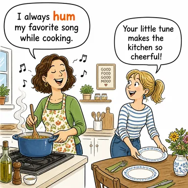 hum (mırıldanmak, vızıldamak) karikatürü — diyalogla bağlam içinde öğren