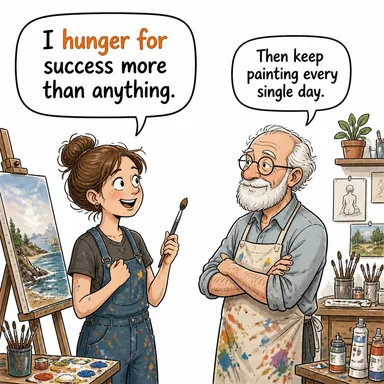 hunger for (bir şeye açlık duymak (mecazi), çok istemek) karikatürü — diyalogla bağlam içinde öğren