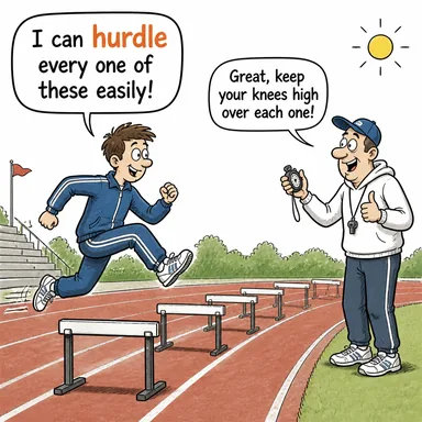 hurdle (engel atlamak, engeli aşmak) karikatürü — diyalogla bağlam içinde öğren